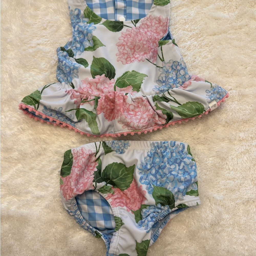 Floral Hydrangea Ruffle Toddler Two-Piece Swim Set - Pink & Blue